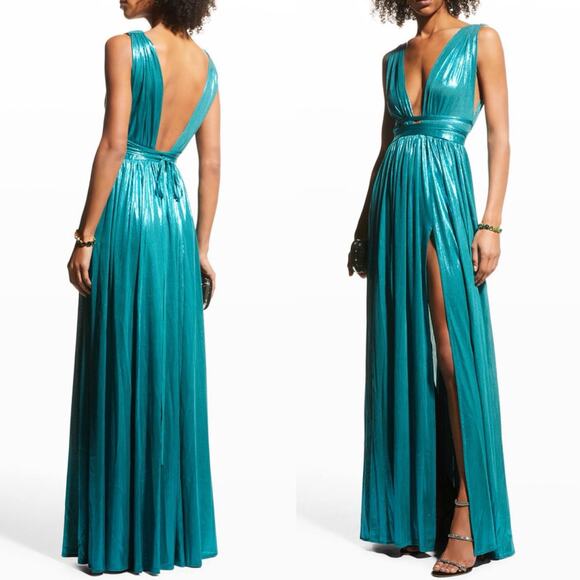 BRONX AND BANCO Romi Metallic Gown Plunge Neckline Dress Teal Turquoise Large 8 - Picture 12 of 13
